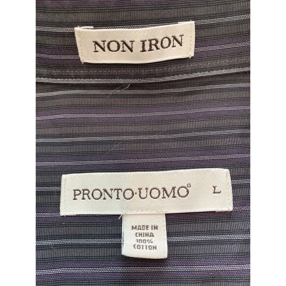 Pronto Uomo Non Iron Black Purple Striped Button Up Dress Shirt Size L Large - Picture 2 of 4